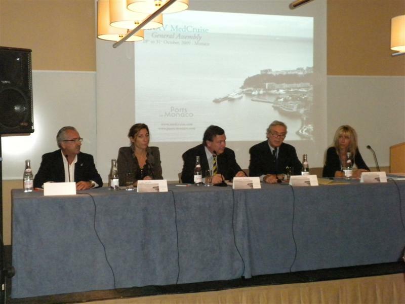 From the MedCruise press conference preceding the opening of is 35th general assembly: (Second from left)Carla Salvado, senior vice president of MedCruise and representing the port of Barcelona; Giovanni Spadoni, president of MedCruise and representing the port of Livorno; Gianbattista Borea, CEO of Ports Monaco, and Coletta Borghera, cruise manager for Ports Monaco.