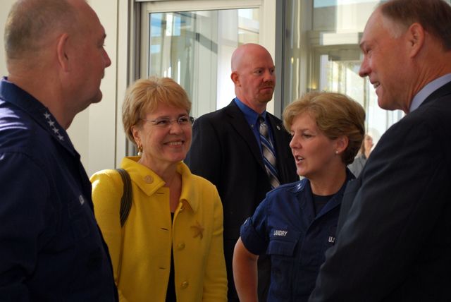 Admiral Thad Allen, U.S. Coast Guard Commandant; Dr. Jane Lubchenco, Undersecretary of Commerce for Ocean and Atmosphere,  Darren Wright of the National Oceanic and Atmospheric Administration; Rear Admiral Mary Landry, commander of the 8th Coast Guard District and Capt. A.J. Gibbs, Chairman of the Board of Commissioners of the Port of New Orleans, dedicated a new navigation system today that provides up to the minute data for mariners on the Lower Mississippi River.