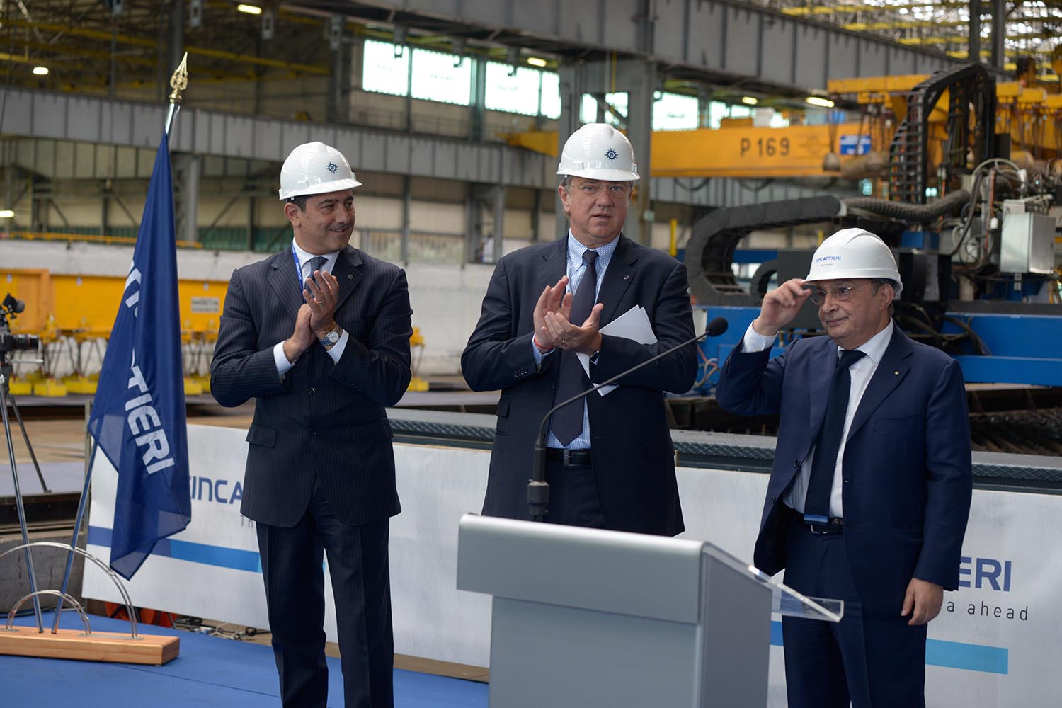 left to right: Gianni Onorato, CEO of MSC Cruises; Pierfrancesco Vago, Executive Chairman of MSC Cruises and Giuseppe Bono, CEO of Fincantieri during the steel-cutting ceremony