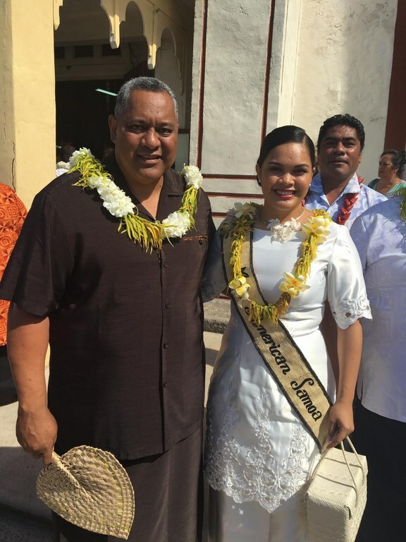 American Samoa Lt. Govenor Lemanu Peleti Mauga with Miss American Samoa, Antonina Lilomaiava. She will help greet the passengers on the Costa Atlantica. 