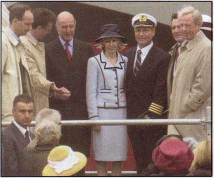(From left): Lars Clasen, president of Seetours Cruises; Michael Thamm, senior vice president of operations for Seetours; Lord Sterling, chairman of P&O Princess Cruises; Doris Schroder-Kopff, godmother for the AIDAvita and wife of the German federal chancellor; Captain Volker Zausch; Gerhard Schroder, German federal chancellor; and Horst Rahe, chairman of Seetours and a member of the board of P&O Princess