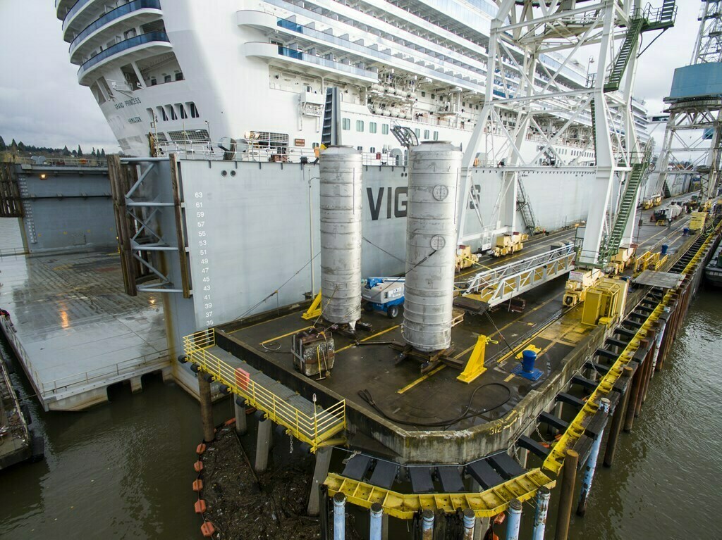 Scrubber towers ready to be installed on Grand Princess during her December drydocking at Vigor