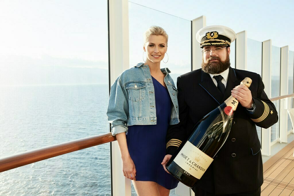 The christening bottle, a Balthazar (12 liters) of Moët & Chandon champagne, is already onboard, in the secure care of Captain Boris Becker - as godmother Lena Gercke was able to see for herself when she visited the ship at the end of May (pictured). 
