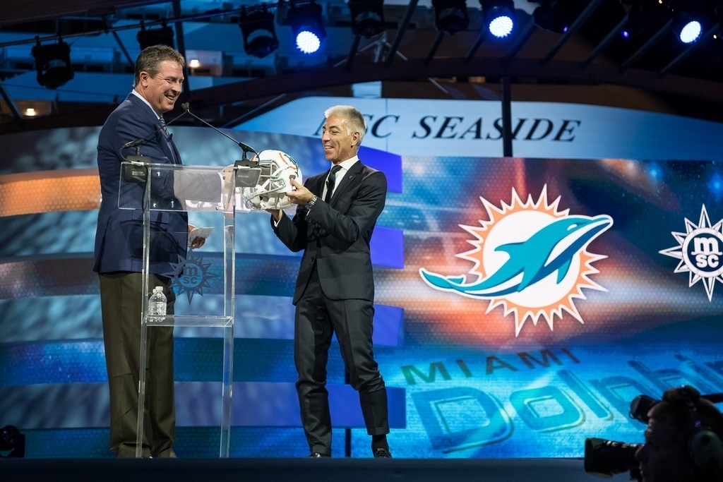 Roberto Fusaro, President of MSC Cruises North America, and Legendary Quarterback Dan Marino Present New Partnership with the Miami Dolphins (photo: Ivan Sarfatti)