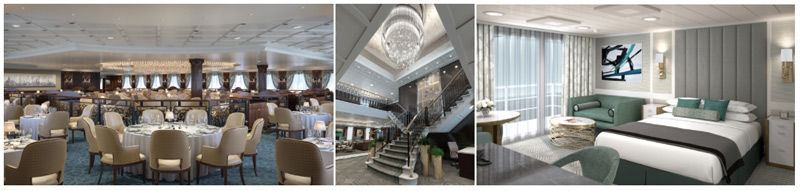 Renderings from left to right: Grand Dining Room, Grand Staircase and Penthouse Suite of the reimagined Regatta-Class ships