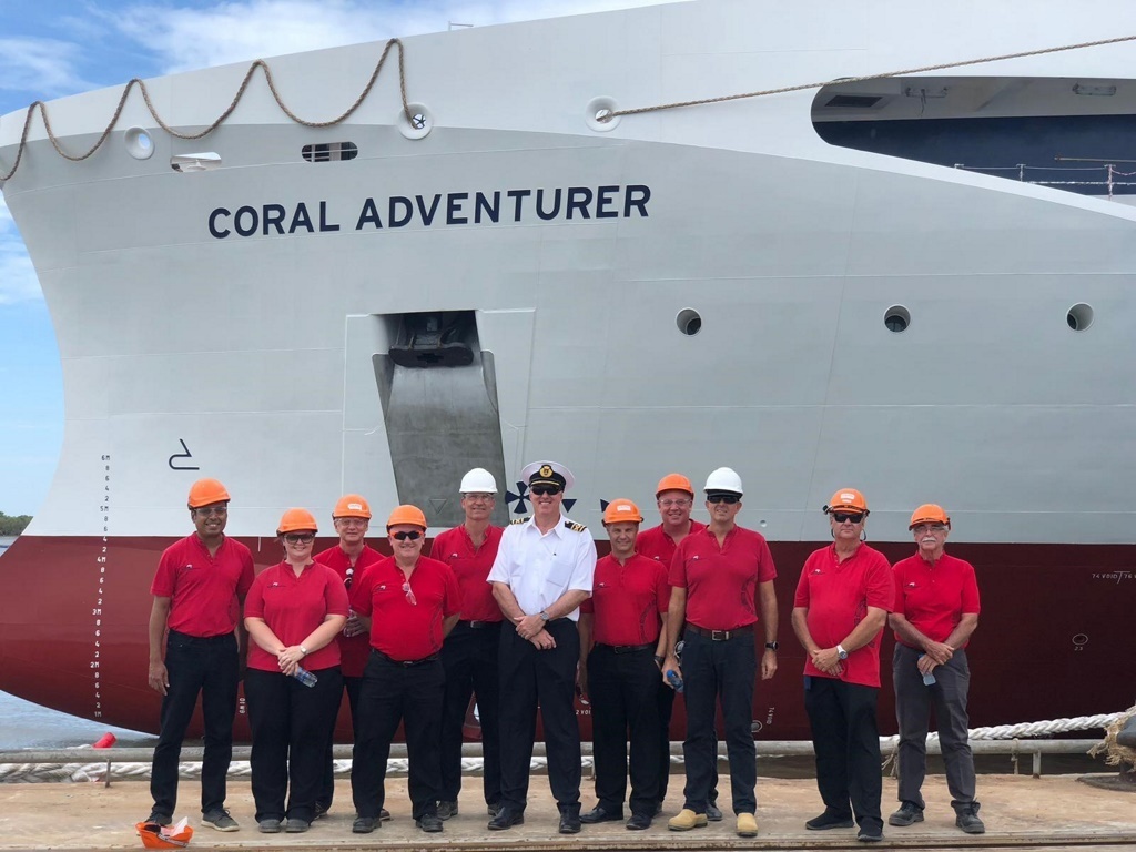 Senior Management and project team from Coral Expeditions attend the floating ceremony for Coral Adventurer.  ( L to R: Paul Chacko – Executive Director, Tamara Sweeting - Hospitality Manager, Alistair Burgoyne – Director, Perry Wilkes – Finance Director, Frank Krone – Newbuild Project Manager, Gary Wilson – Senior Master, Michael Marson – Marine Superintendent, Jeff Gillies – Commercial Director, Mark Fifield – Group General Manager, Doug Parker – Fleet Engineer and Gary Wyn-Hum – Purchasing Manager )