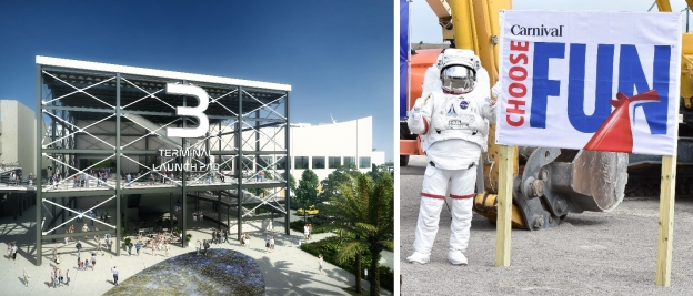 (L) Rendering of new Cruise Terminal 3 named the ‘Launch Pad’  (R) NASA’s ‘Spaceman’ revealed at CT3 groundbreaking (Photo: Canaveral Port Authority)
