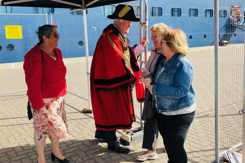 The Mayor of Great Yarmouth, Councillor Michael Jeal, and the Mayoress, wife Paula, greet Fred. Olsen guests, as they set off to explore Great Yarmouth and surrounding areas. 