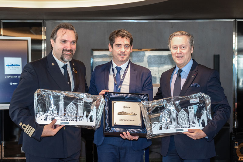 From Left: Capitaine Marco Massa, Commandant du MSC Grandiosa, Monsieur Régis Debons, Maire Adjoint en charge du Tourisme – Ville du Havre et Vice-Président du Havre Seine Métropole (Communauté Urbaine), Monsieur Patrick Pourbaix, Directeur Général MSC Croisières France, Belgique & Luxembourg 