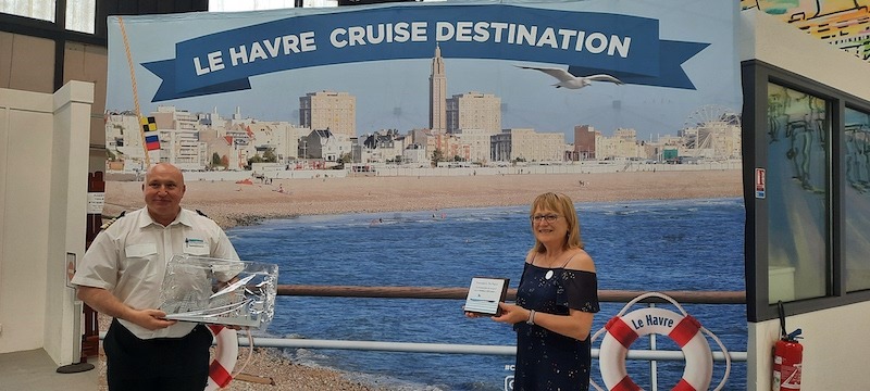 From left: Captain Richard Watkins and Valerie Conan, Cruise Director Le Havre Tourism