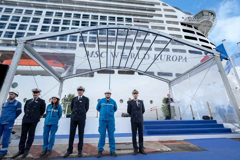 MSC World Europa Delivery Ceremony officers parade