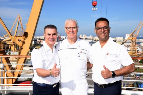 Captain Crescenzo Palomba, Chief Engineer Rosario Capilli and Hotel Director Renil Kuruvilla are Carnival Firenze’s senior officers