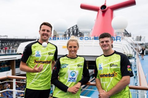 Sydney Thunder Players Ryan Hadley, Georgia Adams and Will Salzmann onboard Carnival Splendor in Sydney