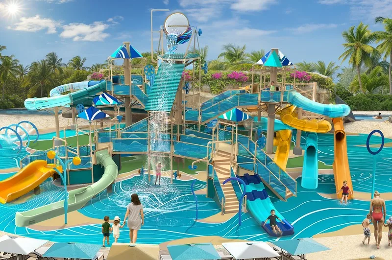 rendering della zona spruzzi di Great Stirrup Cay all'interno del parco acquatico Great Tides