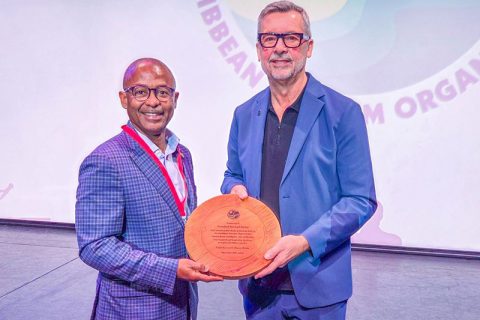 CTO Chairman Ian Gooding-Edghill (left) with Royal Caribbean International President and CEO Michael Bayley after the Iconic Summit